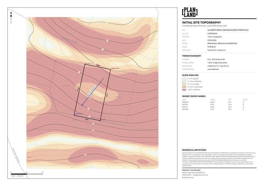 Example PlanLand free topo: contours, spot levels and a slope map for a steep lot in Avalon Beach